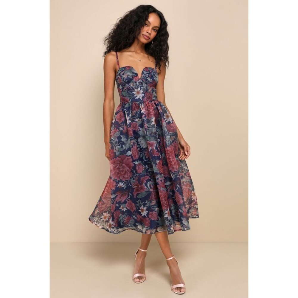 Lulus Cherished Aura Navy Blue Floral Organza Bustier Midi Dress - Size M